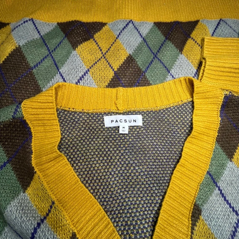 PacSun Mens Argyle Cardigan Yellow Green Brown V-Neck Button Front‎ Size M